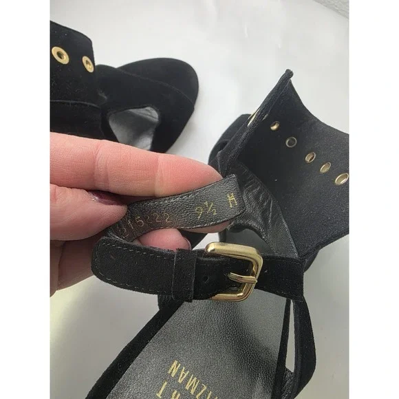 Stuart Weitzman Black Suede Frenchcuff Ankle Strap Stiletto Heels Sandals Sz 9.5